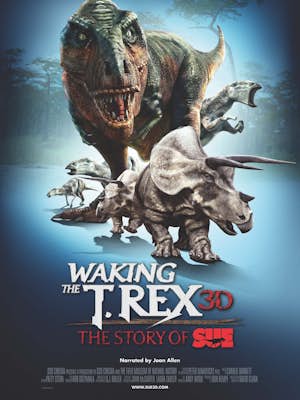 Film poster of a T. rex and other dinosaurs emerging toward the camera from a forest.