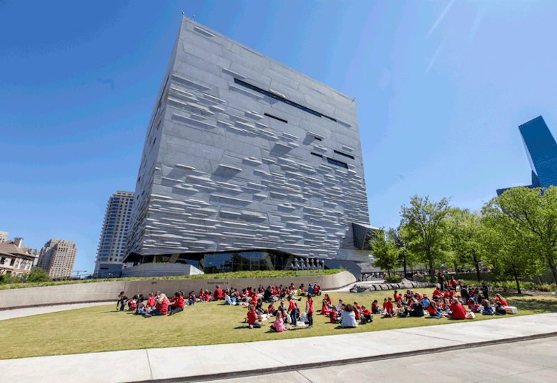 Perot Museum with kids outside